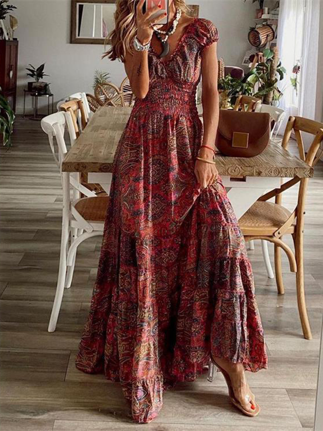 Full Size Smocked Printed V-Neck Short Sleeve Dress Full Size Smocked Printed V-Neck Short Sleeve Dress